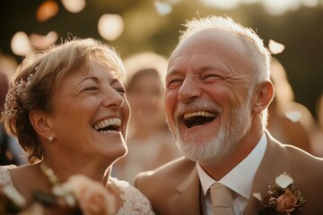 Joyful couple celebrates their wedding day outdoors with laughter and love in a beautiful sunset setting
