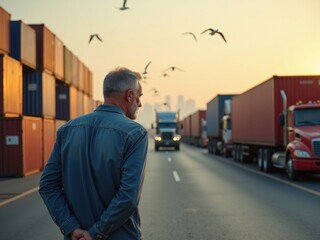 Gerente de logística supervisando las operaciones de envío de contenedores, con camiones esperando carga en una concurrida terminal portuaria