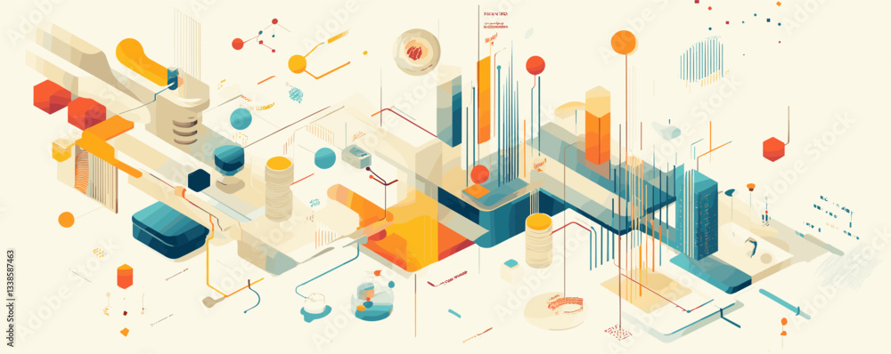 Poster abstract geometric illustration with 3d shapes and colorful patterns in modern design.