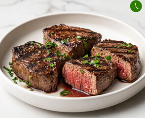 A plate of perfectly grilled medium-rare steaks, perfectly seared and plated on the side with herbs and sauce drizzled over them, sitting in an empty white bowl on top of a marble kitchen counter.