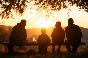 Obraz premium Family enjoying sunset views together while sitting on a bench during golden hour in a serene nature setting