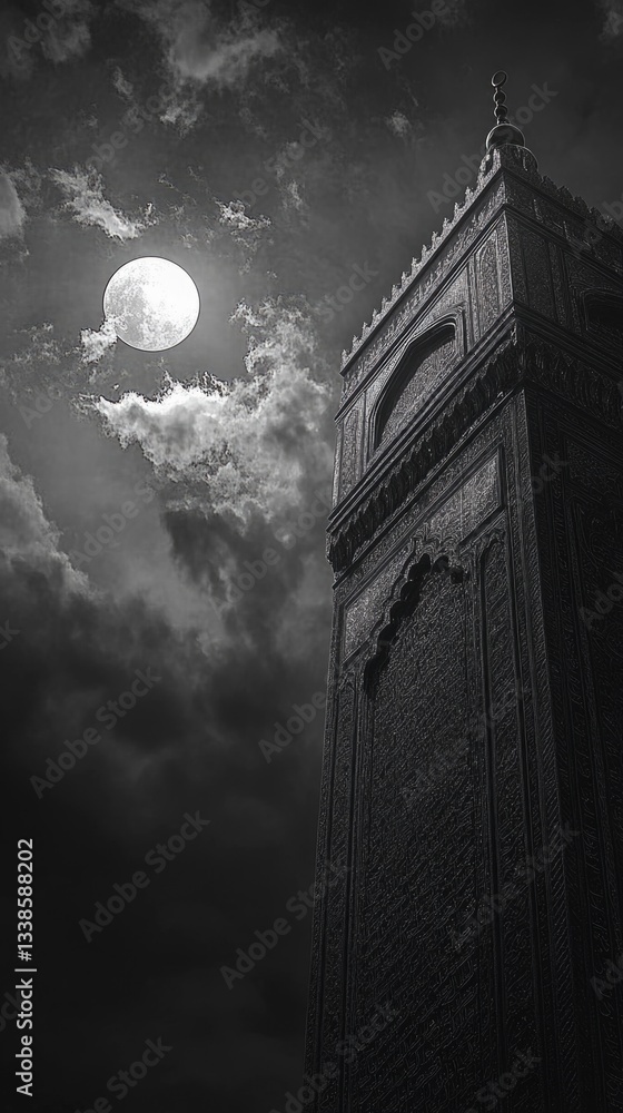 Poster a clock tower with a full moon shining bright in the background, perfect for use in nighttime or cel