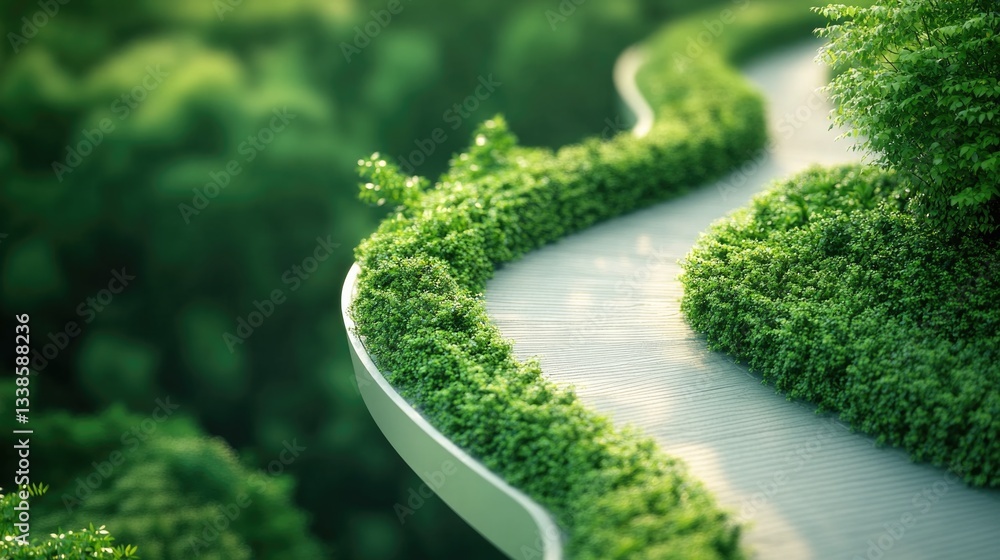 Poster a small-scale model of a winding road surrounded by trees and foliage