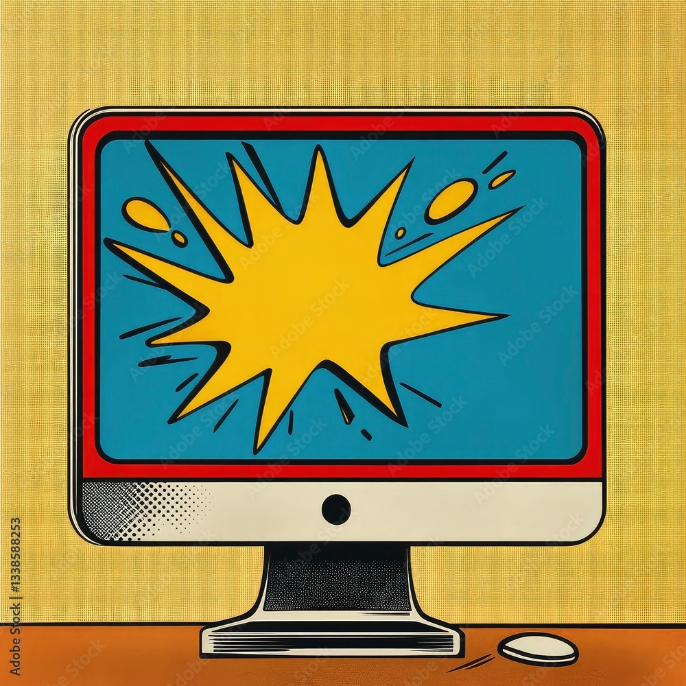 Poster retro-style illustration of a computer monitor with a bright explosion graphic on the screen.