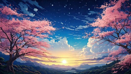 구름, 하늘, 푸른 하늘, 일몰, 아침 햇볕, 햇빛, 화려한, 애니메이션 스타일