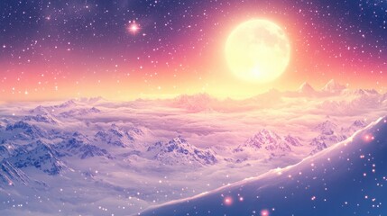 Naklejka premium Magical Snowy Mountains with Full Moon.