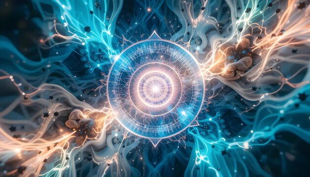 Glowing Circular Energy Field with Swirling Blue and Orange Streams