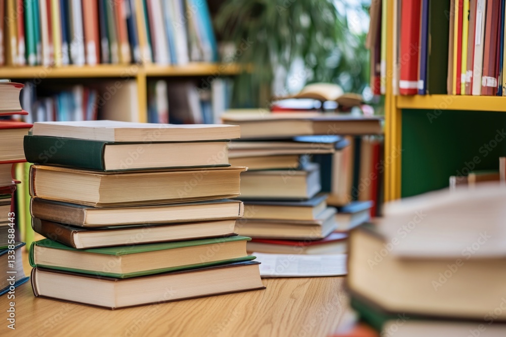 Poster a stack of books sits atop a wooden table, perfect for studying or displaying