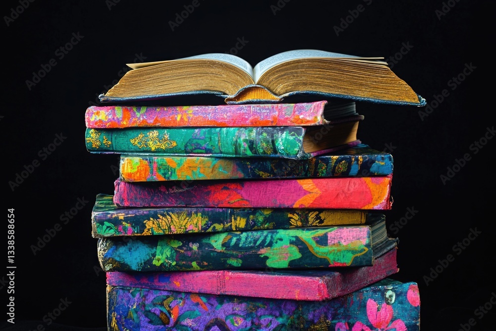 Poster A stack of books piled high, perfect for a cozy reading nook or library setting