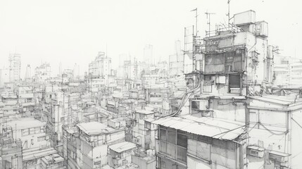Detailed pencil sketch portrays a dense urban cityscape