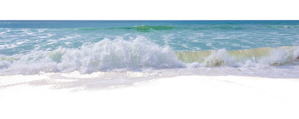 Front view of crashing waves on the beach at the ocean, panoramic summer holiday overlay isolated on white or transparent background, png cut out