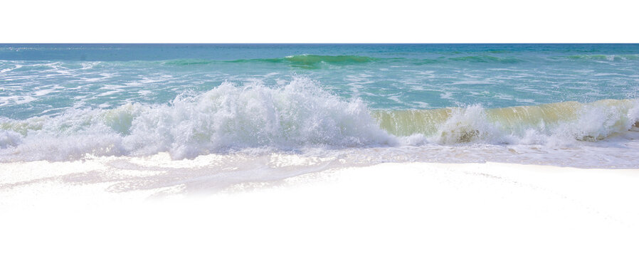 Front view of crashing waves on the beach at the ocean, panoramic summer holiday overlay isolated on white or transparent background, png cut out