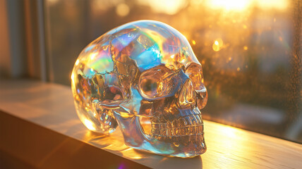 朝日の差し込む窓辺に佇む透明なクリスタルの頭蓋骨、幻想的な光のプリズム