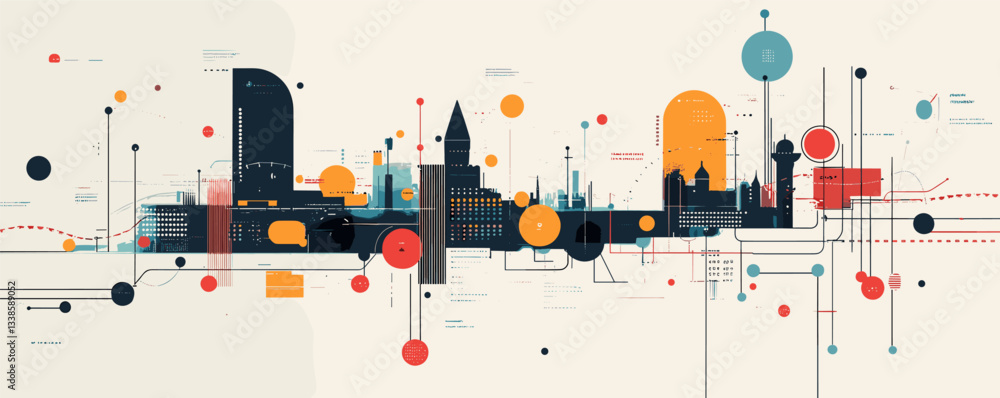 Poster abstract urban skyline with geometric shapes and connecting lines in minimalist style.