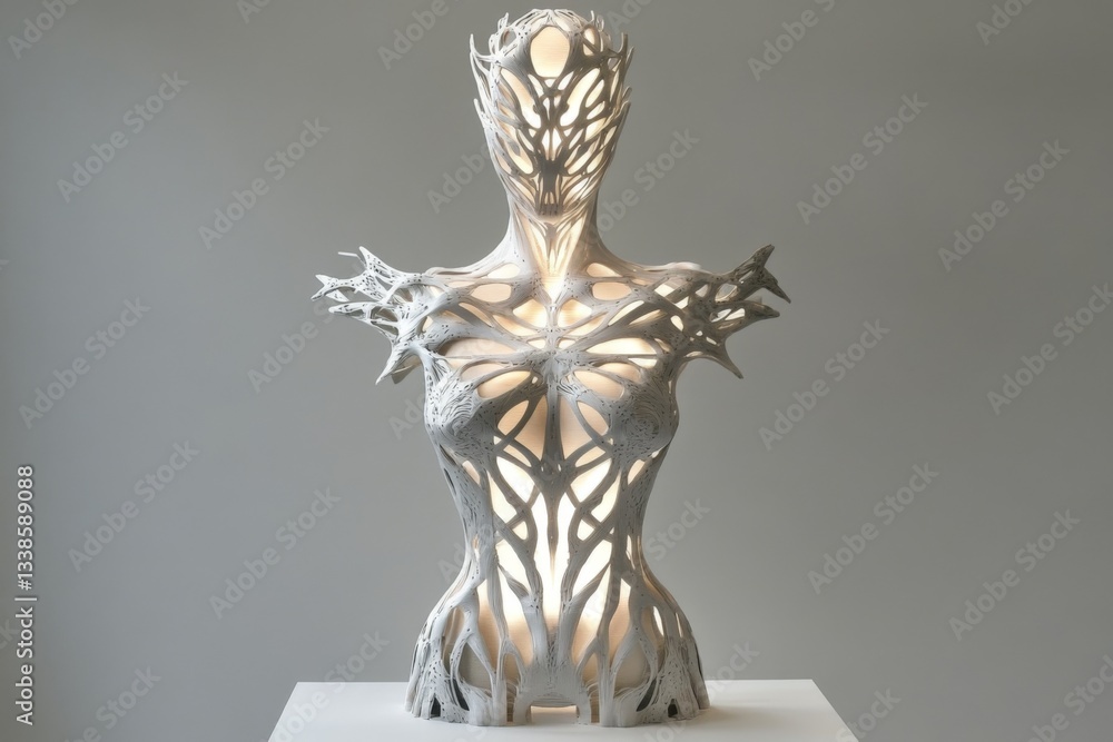 Poster intricate sculpture with organic patterns illuminating space in contemporary art gallery