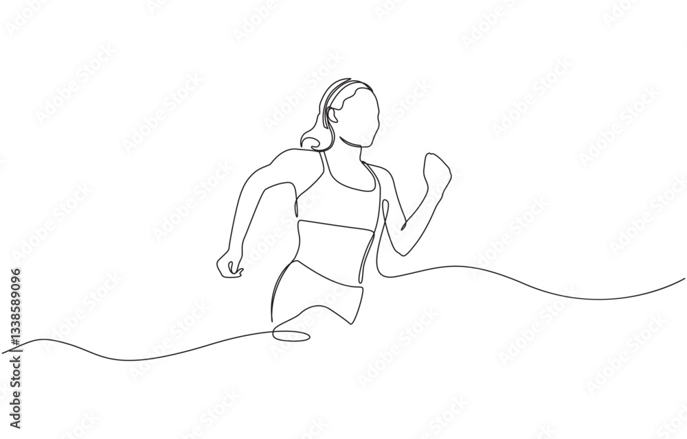 Poster woman running continuous one line drawing. jogging abstract single line art, single continuous line 