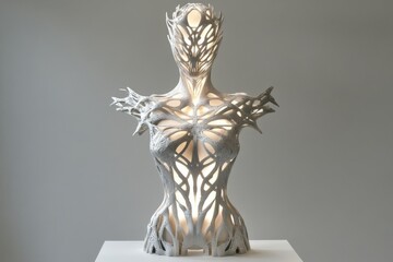 Intricate sculpture with organic patterns illuminating space in contemporary art gallery