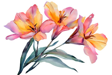 Fototapeta premium Watercolor Illustration of Vibrant Pink Orange and Yellow Alstroemeria Flowers with Green Leaves on Transparent Background