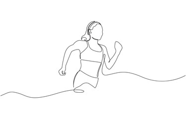 Woman running continuous one line drawing. Jogging abstract single line art, Single continuous line drawing of a young woman athlete running fast. Sport running woman concept of sports.