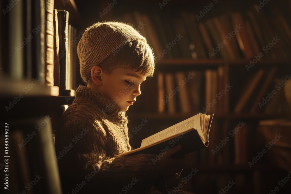 Poster young boy studying in a quiet library setting with plenty of books and a desk