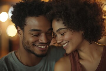 Fototapeta premium Couple enjoying a joyful moment together in a cozy cafe setting during the evening hours