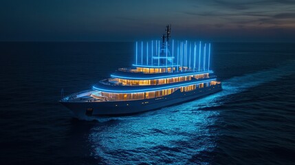 Luxurious yacht at night, illuminated by vibrant blue LED lights.  A modern, sleek vessel gliding across dark ocean waters.  Elevated, opulent design with numerous vertical light pillars