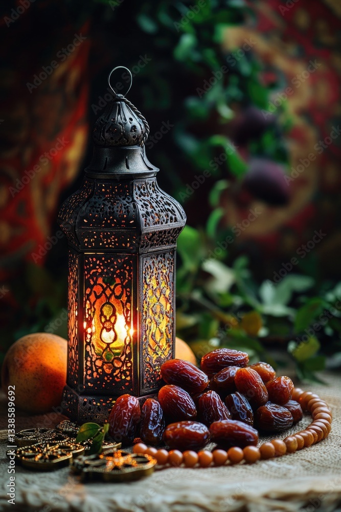 Poster a lantern sits on a table next to a few dates, perfect for a romantic dinner or special occasion