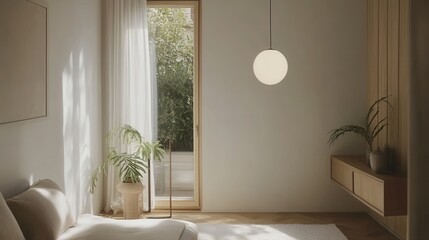Minimalist bedroom sunlight interior.