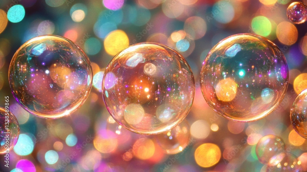 Poster three iridescent soap bubbles float against a bokeh background