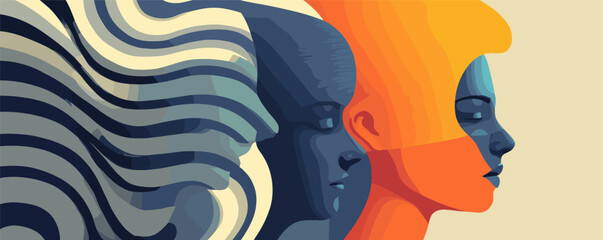 Abstract art of two female faces with flowing hair and bold colors in profile view.