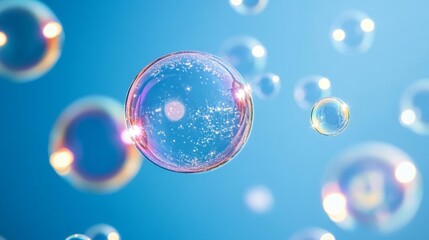 Sparkling Bubbles Float Against A Blue Sky Background