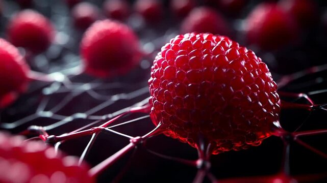 A vibrant close-up of raspberries in a digital network design.