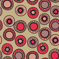 Fototapeta premium Seamless pattern with geometric aboriginal ornament. Ethnic tribal rounded color background. Afican, australian motiph. Dots painting. Vector illustration, template design for cloth, card, fabric.