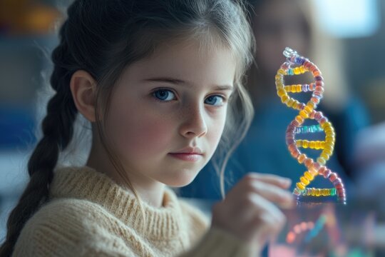 A young girl holds a miniature model of the DNA double helix structure, a scientific education tool