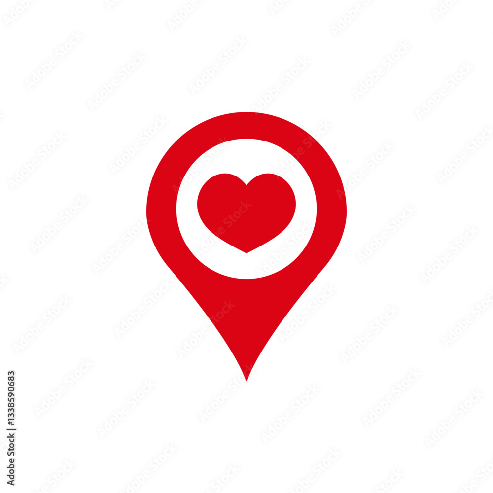 Poster a red location pin features a heart, representing love and connection on digital maps and apps.