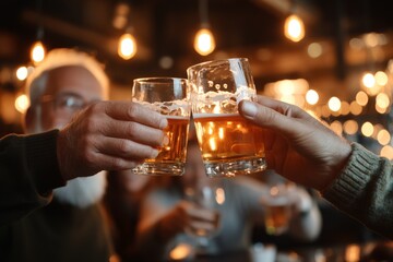 Friends enjoying a lively toast with beer glasses in a warm, dimly lit bar during an evening gathering