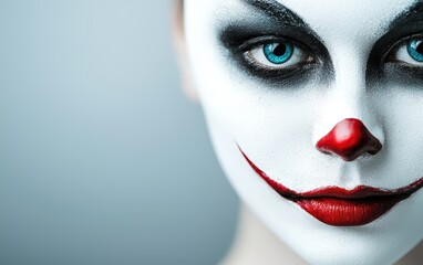 Abstract illustration of mental health, illness, depression, and isolation. Clown makeup featuring striking blue eyes and a red smile, creating an intriguing and artistic expression.