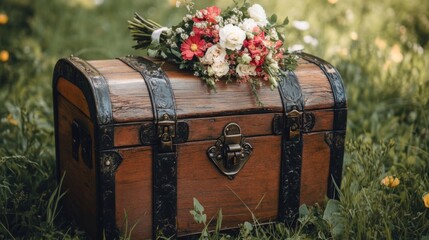 A wooden chest holds a beautiful bridal bouquet.