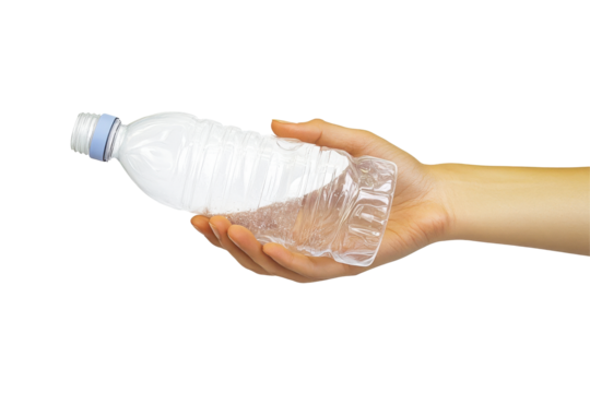Hand holding a crumpled plastic water bottle against a plain background