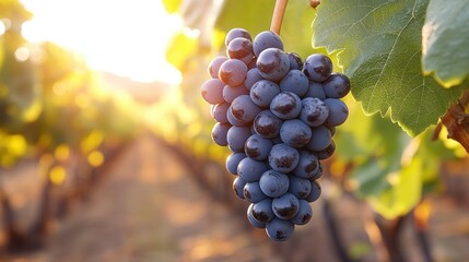 Sunlit red grapes hanging on vine in vineyard