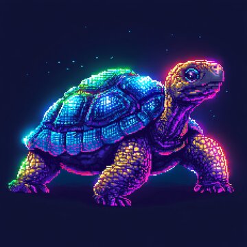 Pixel art sticker logo of a pixelized rainbow tortoise with glowing pixel shell