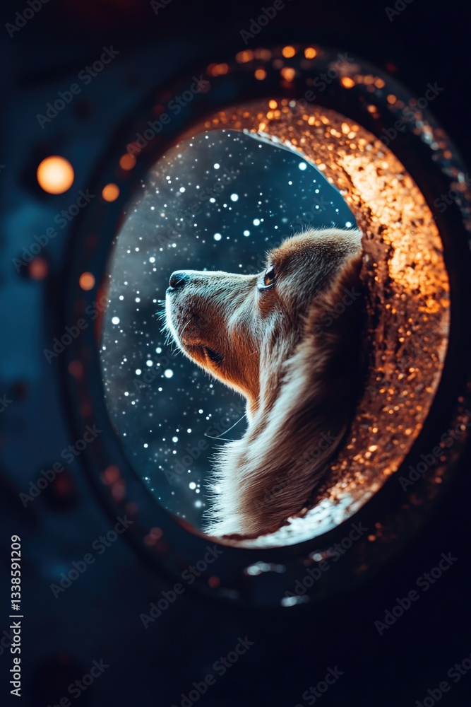 Poster a curious dog peeking through a circular window