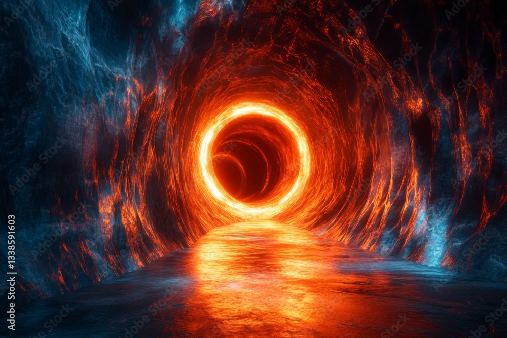 Poster mysterious fiery tunnel with glowing orange circular entrance and reflective water surface in a cave