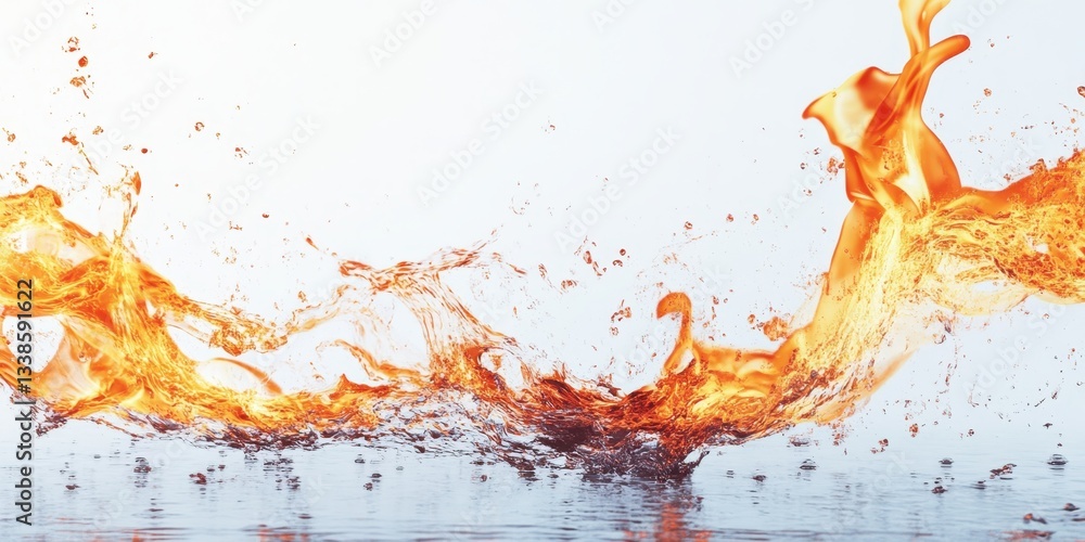 Poster liquid dynamics: dynamic splash of amber liquid forming abstract shapes, capturing the fluidity and 