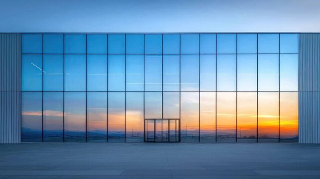 A modern building showcasing expansive glass windows and a sunset reflection