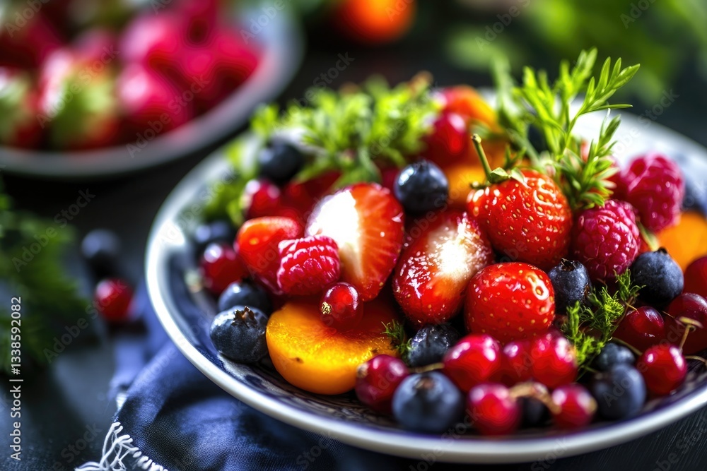 Poster a close-up view of a colorful plate of fresh fruits, ideal for use in recipes or as a decorative ele