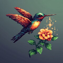 Fototapeta premium Pixel art sticker logo of a pixel cybernetic hummingbird hovering over a digital flower