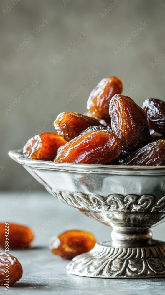 Poster A silver bowl filled with dates placed on a table, perfect for serving or displaying
