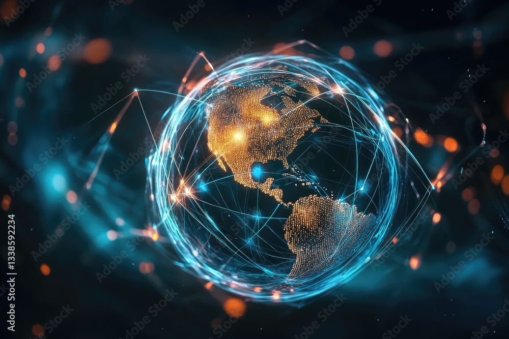 Poster A 3D globe with blue and yellow surfaces, featuring intricate patterns of lines and dots