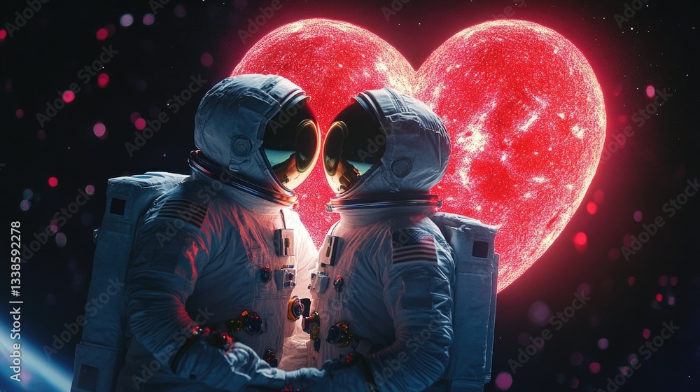 Poster two astronauts pose together holding a symbolic heart, representing love and connection in space